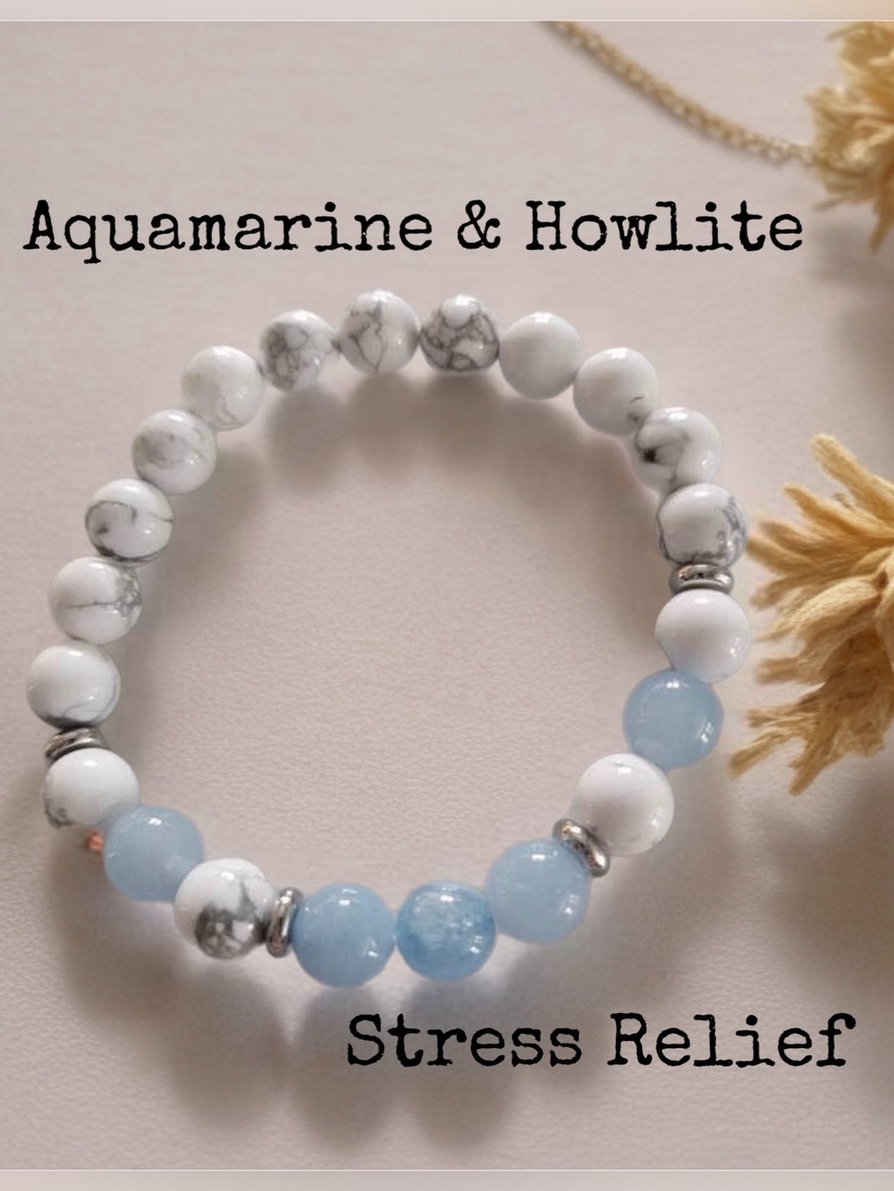 Natural Stone Handmade Aquamarine & Howlite Beaded Bracelet 8mm